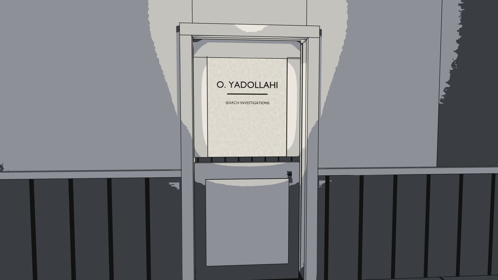 An ink drawing of a frosted office door lettered O. Yadollahi, Search Investigations.
