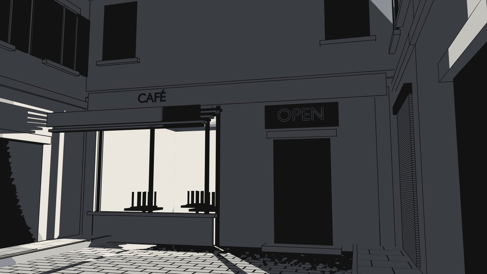 The café at night. The neon OPEN sign above the door is off; behind the window the chairs sit upside down on the tables.