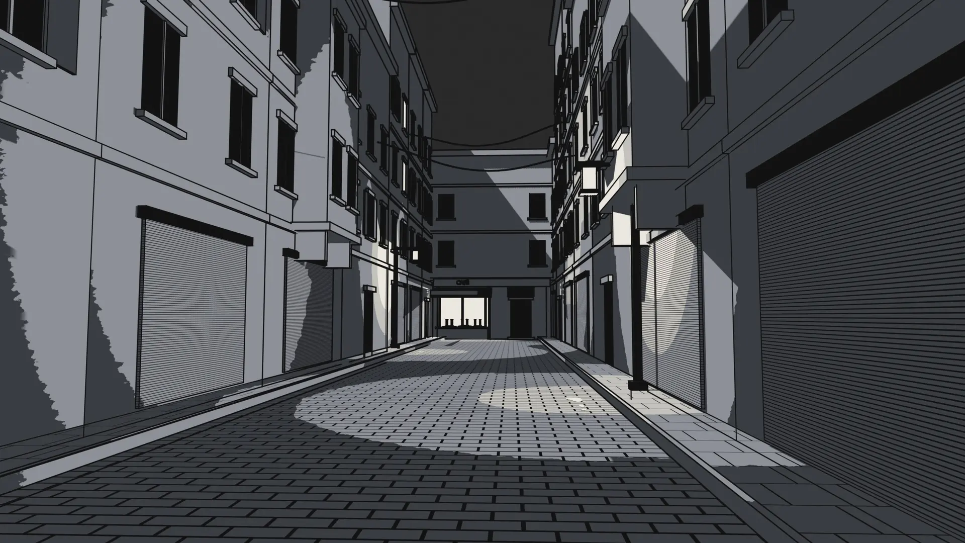 A wet cobbled street at night; at the far end, a café with one dim window.