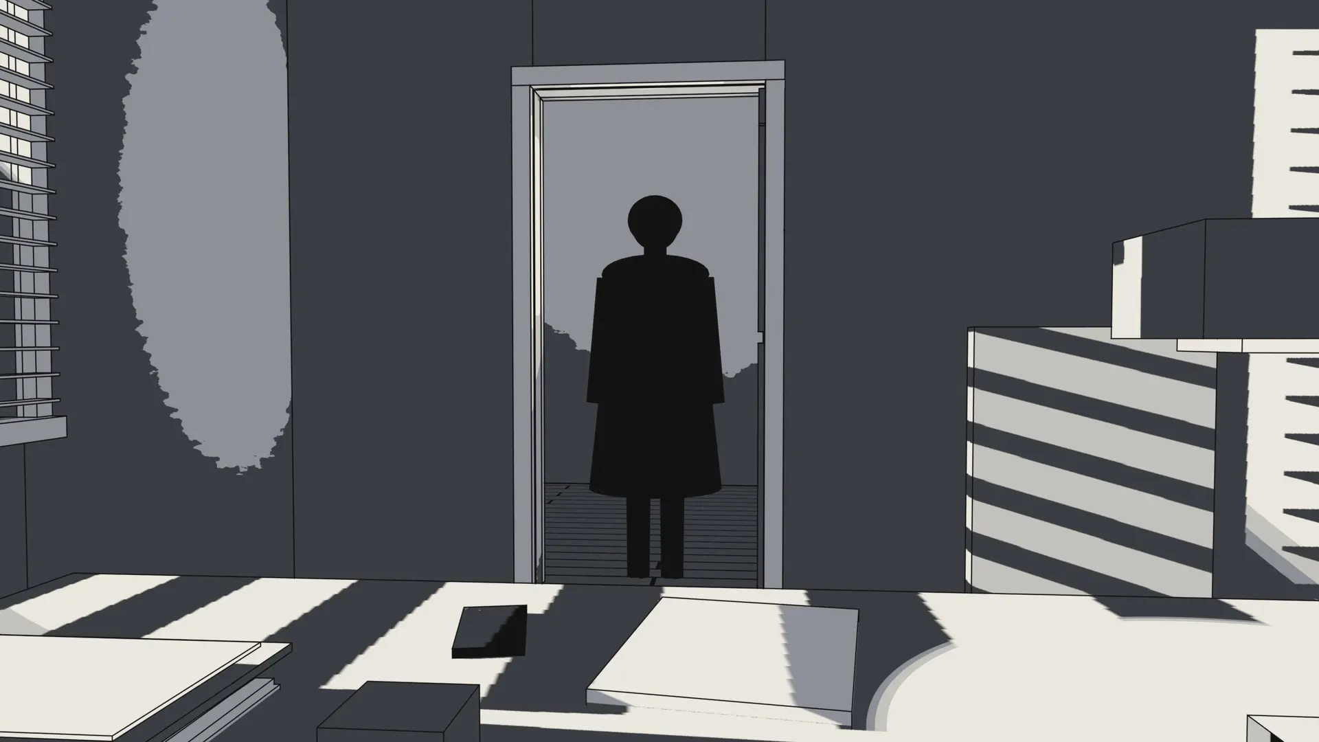 From behind the detective’s desk: a woman stands in the open doorway, a silhouette against the rain.