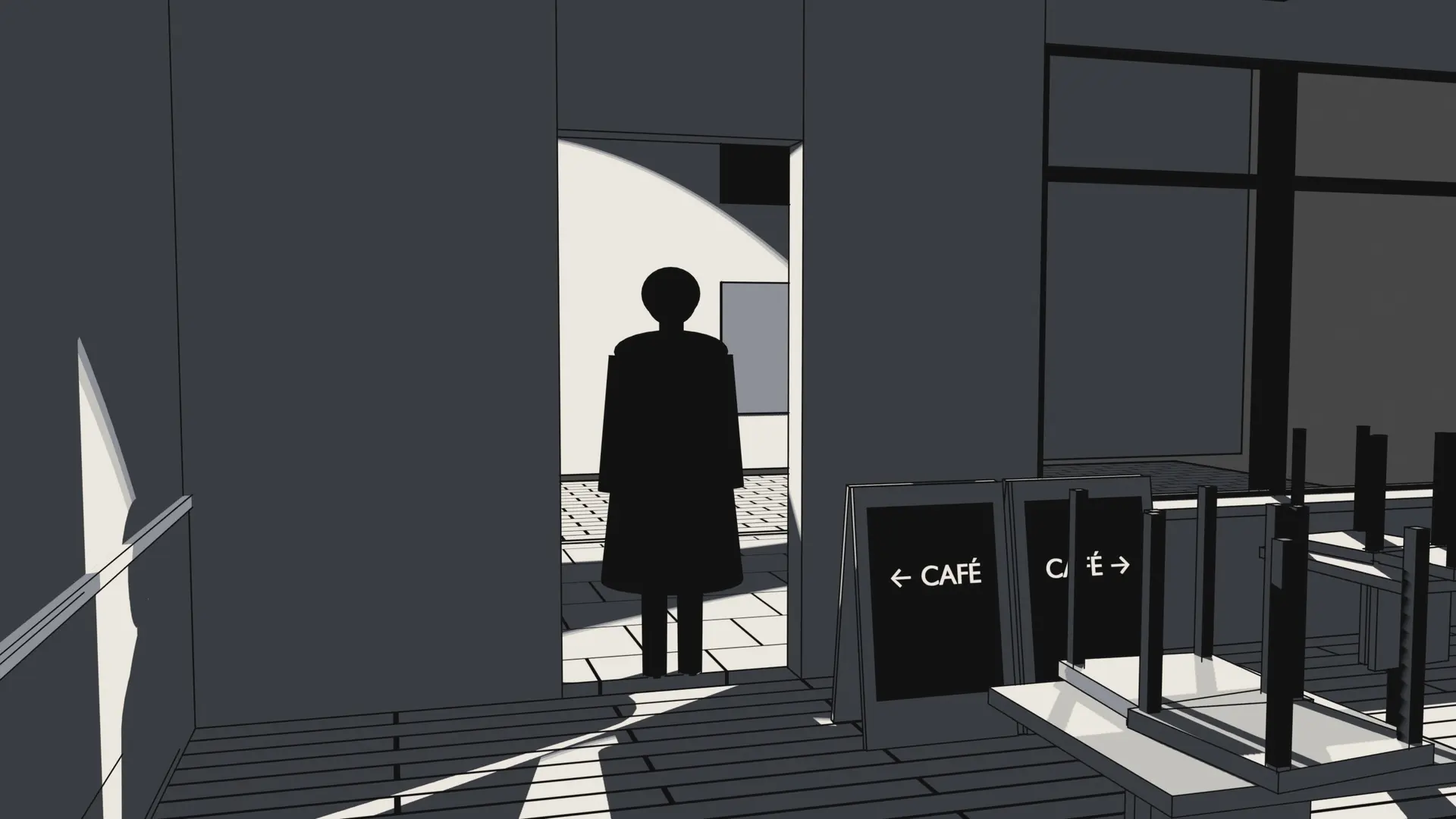 The empty café in the dark. The detective stands in the back doorway.