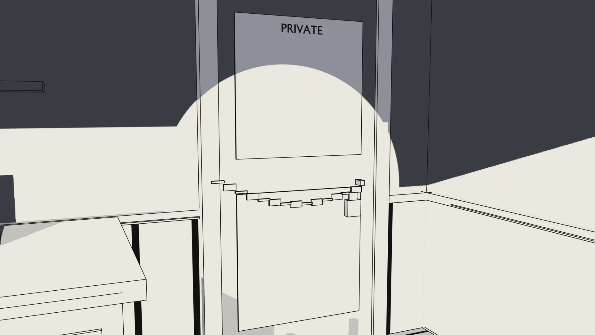 A door marked PRIVATE, chained and padlocked, with a corridor of rooms behind it.