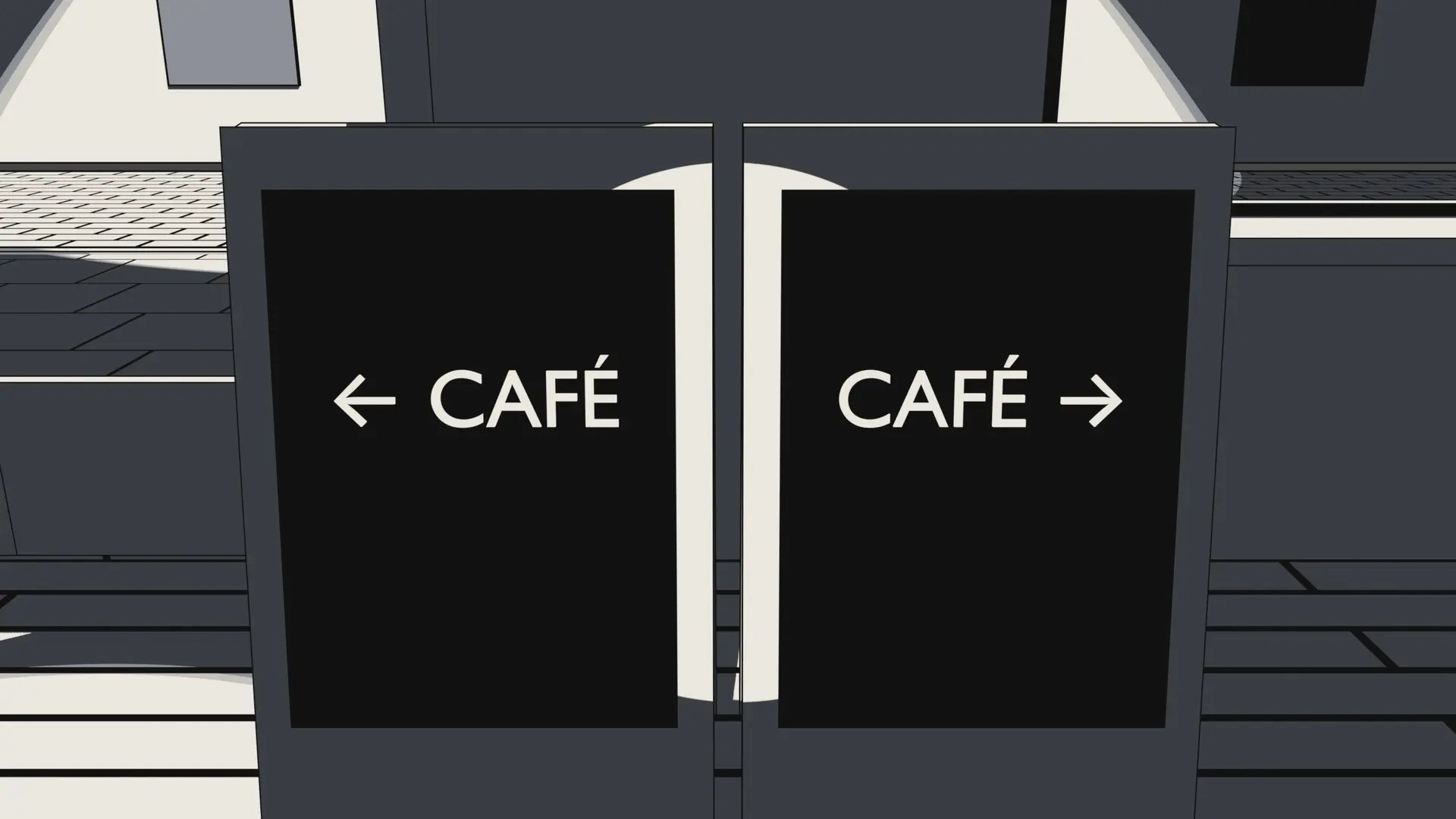 Two identical café signs side by side, pointing in opposite directions.