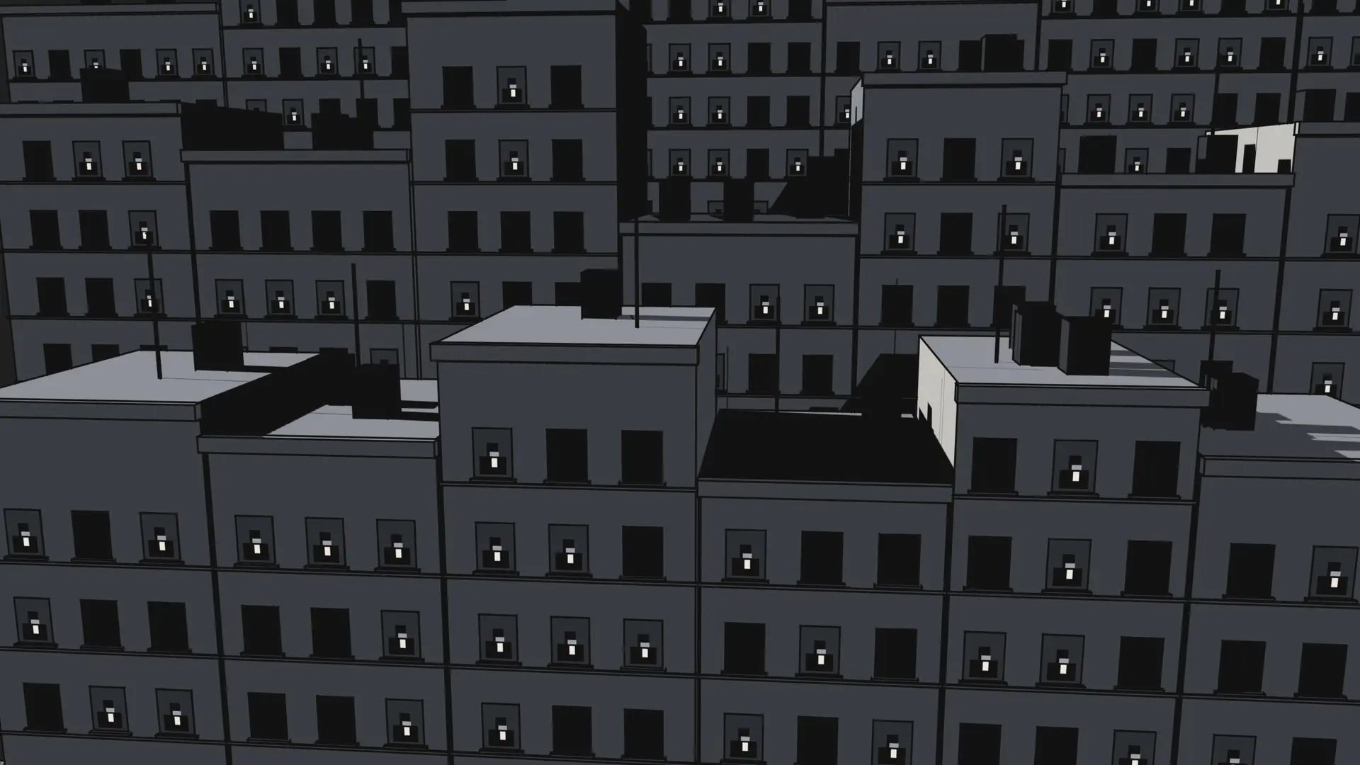 The city from above at night: hundreds of windows, a face lit by a phone in each one.