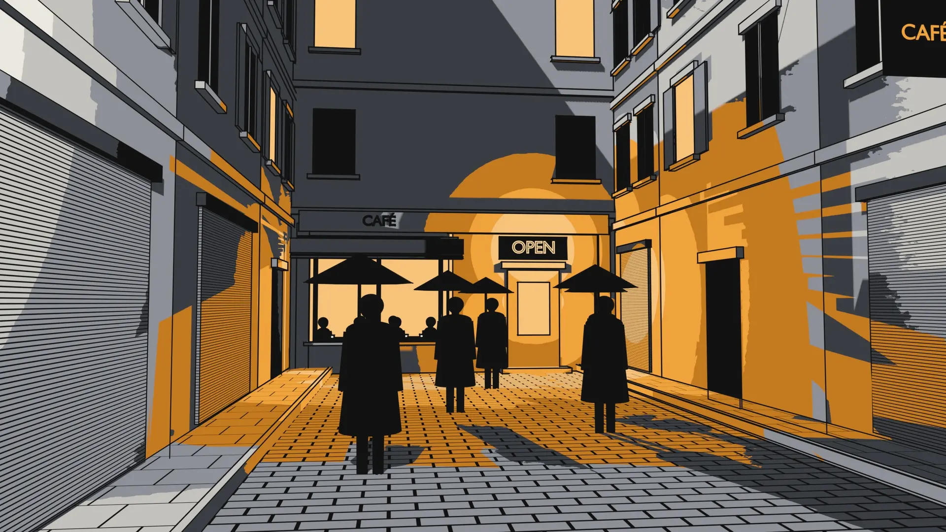 The street now lit amber from the café; people with umbrellas walk toward the OPEN sign.