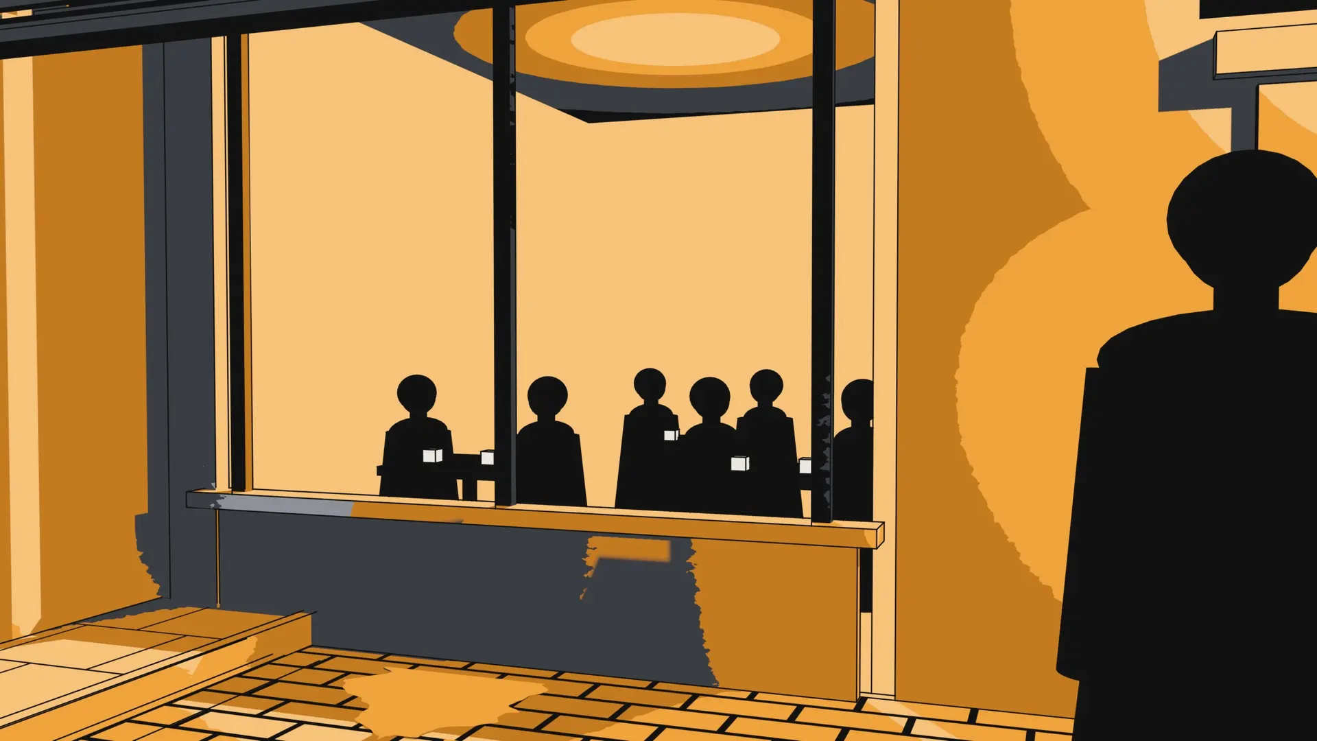 Through the café window: every table full, warm light inside. Outside in the rain, the detective watches, then turns to go.