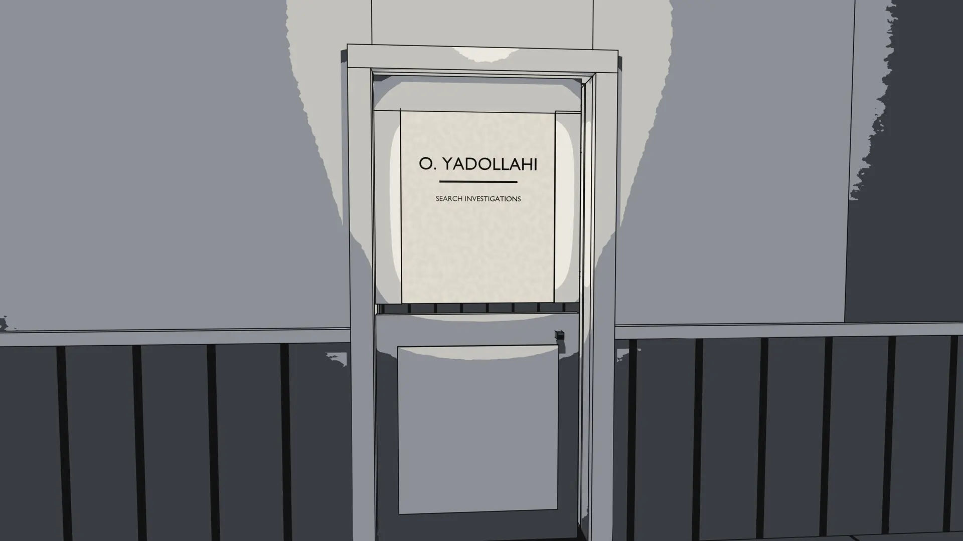 A frosted office door at night, lettered O. Yadollahi, Search Investigations.